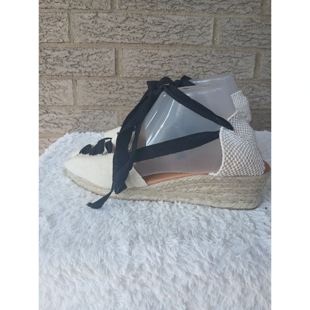 Picon Anthropologie Canvas Wedge Espadrille Sandals Ankle Ties Sz 41 Beachy